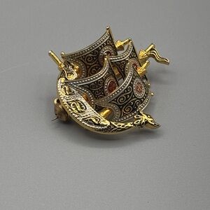 Damascene Gold and Silver Viking Ship Brooch - Unisex JP400